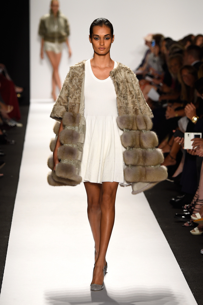 model walks runway at Dennis Basso fashion show Mercedes Benz Fashion Week Spring 2015