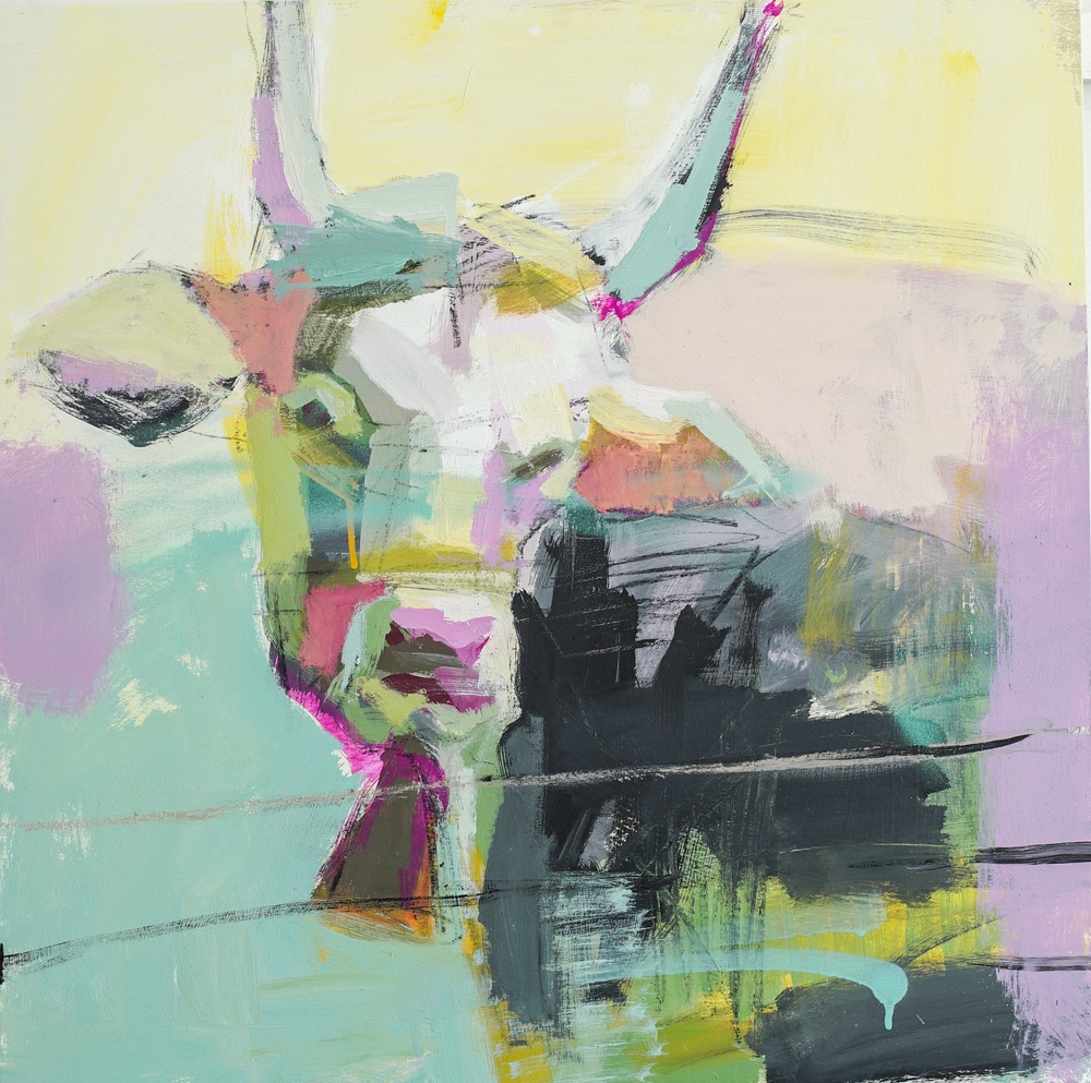 Bashful Bull, acrylic painting on a 30″ x 30″ birch wood panel, Teil Duncan art