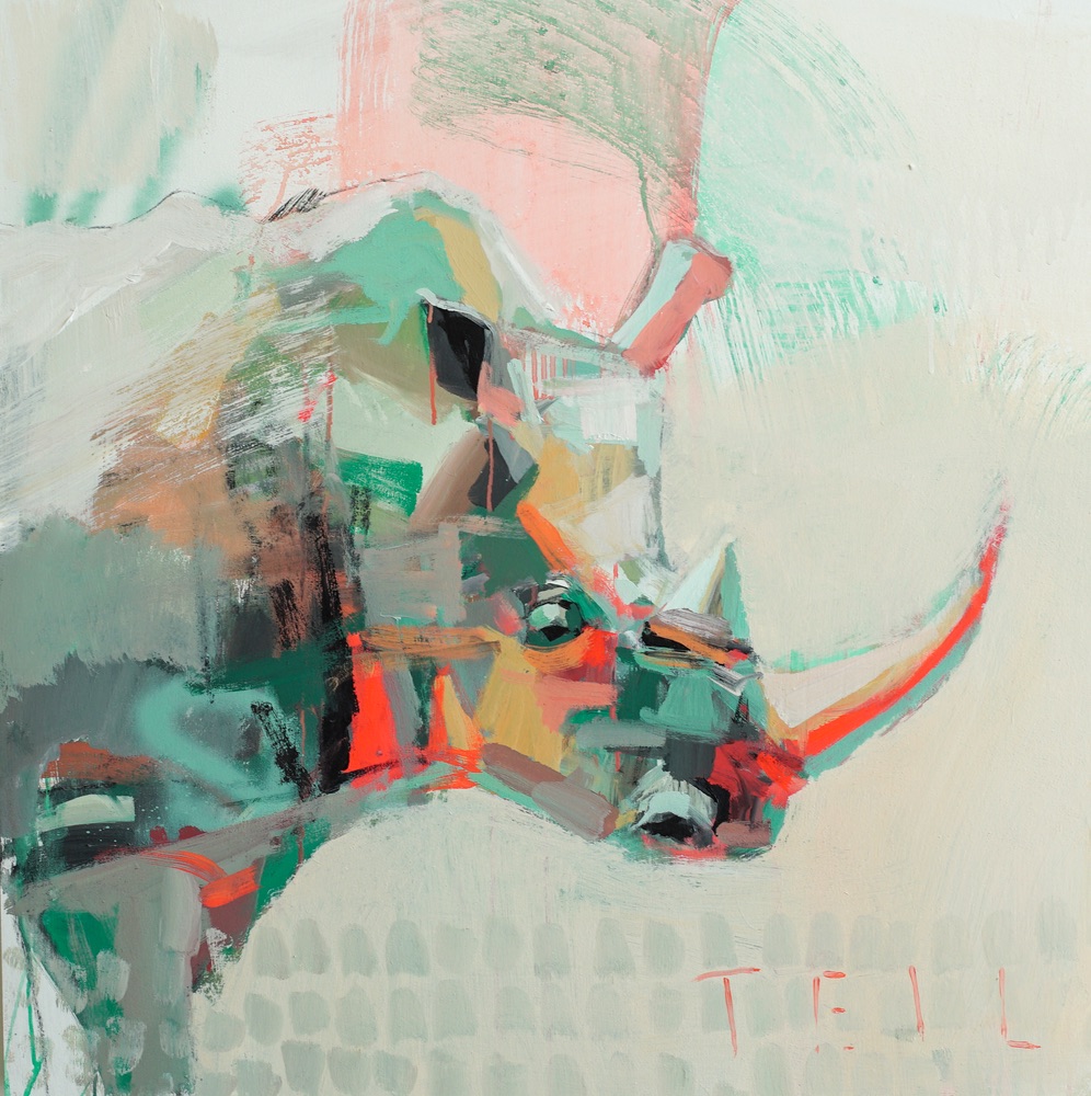 Blushing Rhino, acrylic painting on a 30″ x 30″ birch wood panel, Teil Duncan art