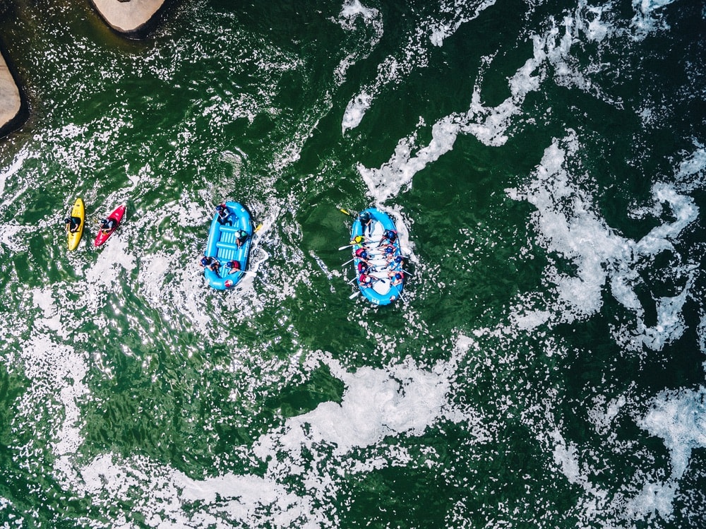 Overhead view of the whitewater rafters at The U.S. National Whitewater Center in Charlotte, North Carolina