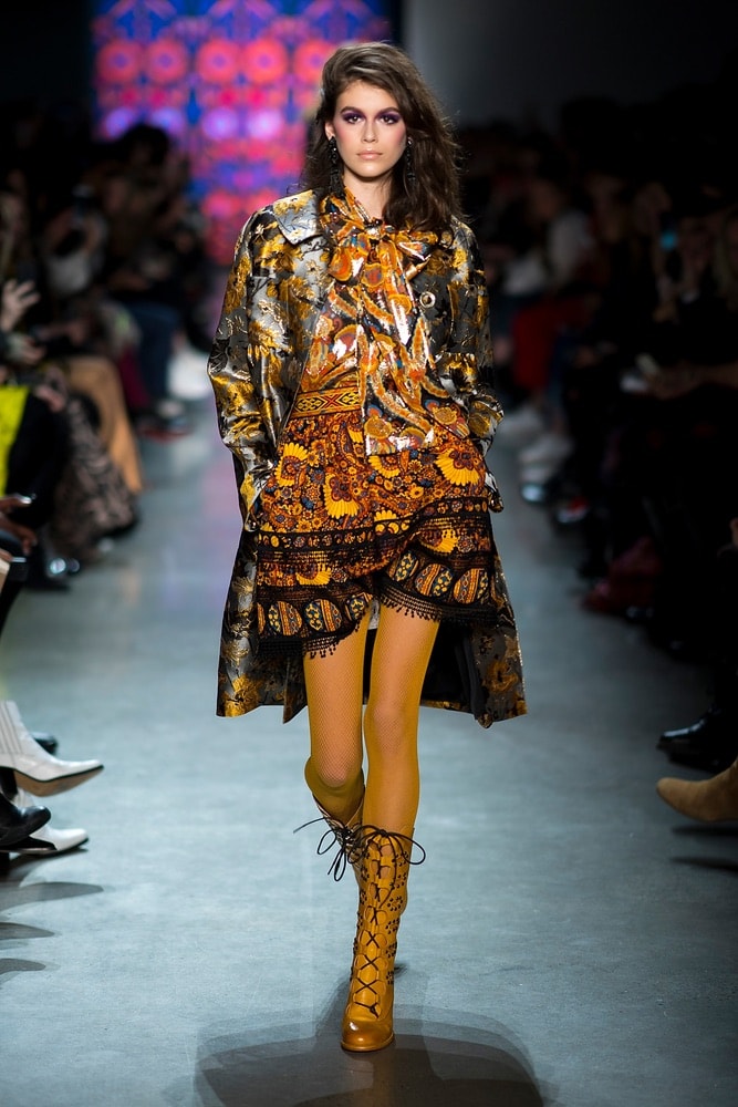 Kaia Gerber walking down the runway at Anna Sui's show at NYFW F/W 2018