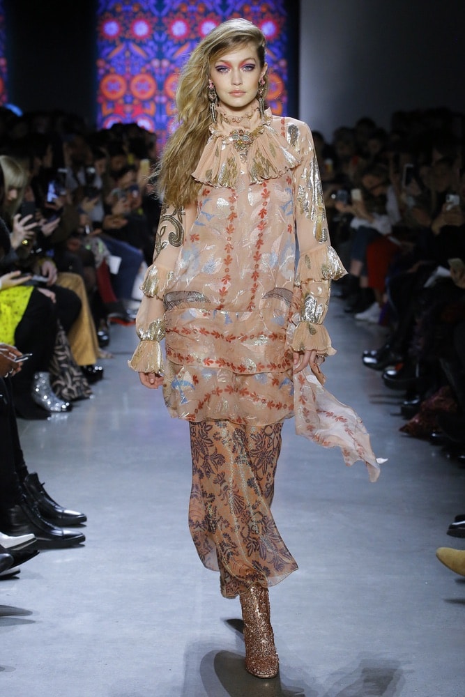Gigi Hadid walking down the runway at Anna Sui's show at NYFW F/W 2018