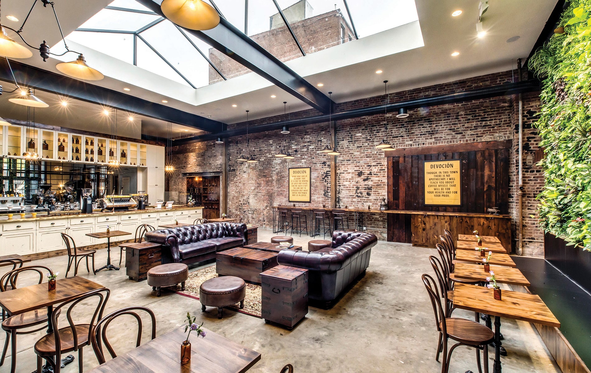 Devoción, a local favorite in the heart of Williamsburg, offers visitors a unique experience with an exquisite custom bar and beautiful leather couches in the center of the café. | Photo courtesy of Devoción
