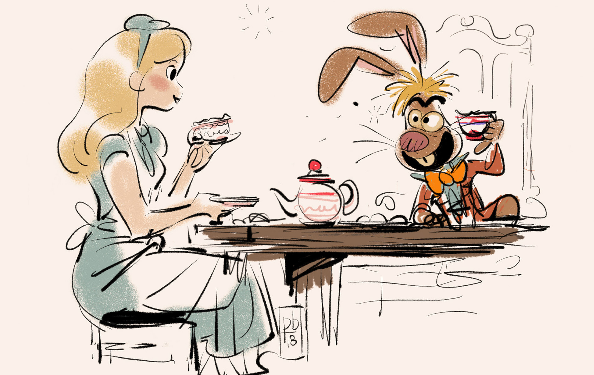 Paul Brigg's character studies of costumed figure drawing using Alice and the March Hare from Disney’s Alice in Wonderland