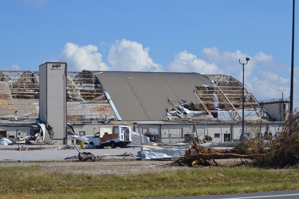 Street view of the Tyndall Air Force Base Hangar, which has been severely damaged from Hurricane Michael that hit the Panhandle of Florida