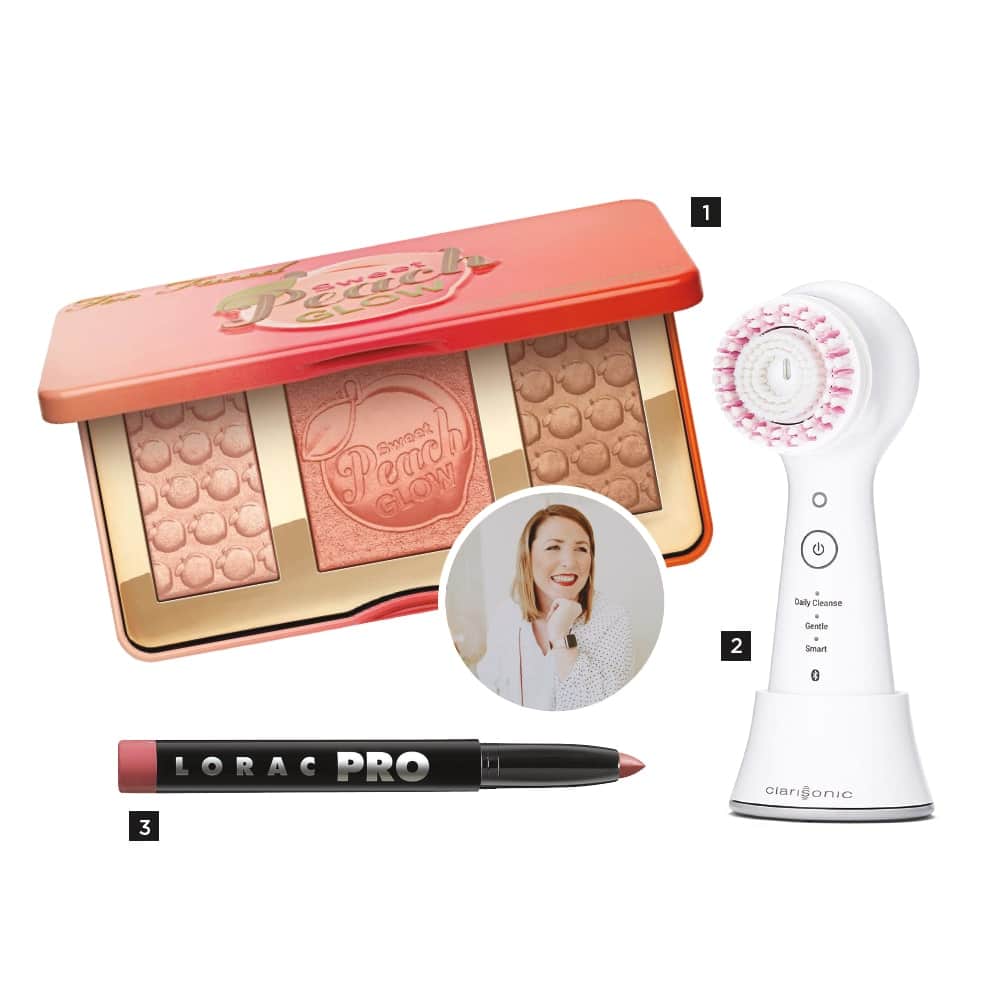 Olivia Pierce, C'est la VIE A Curated Collection, Too Faced Peach-Infused Highlighting Palette, Clarisonic Mia Smart Connected Beauty Device, LORAC PRO Matte Lip Color