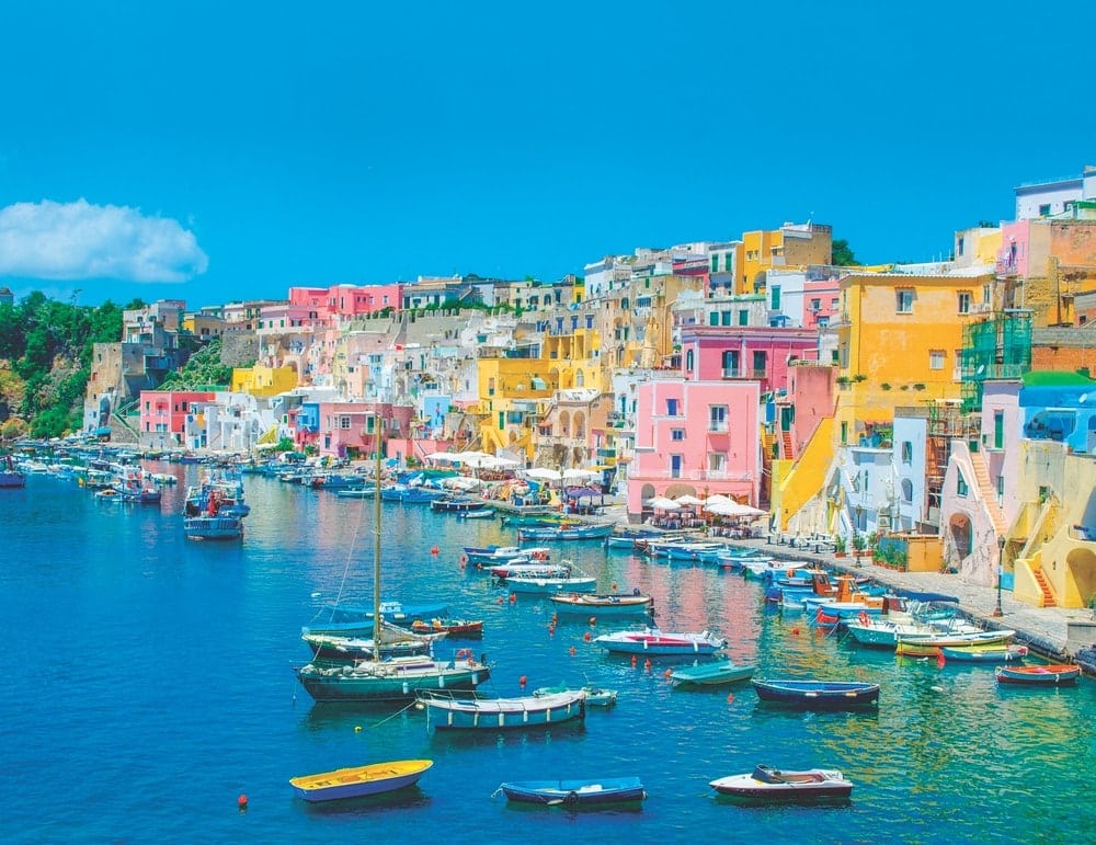 Just off the coast of Naples lies Procida, an island of just over one and half square miles. Its colorful historic district now boasts tourism as its main draw, though fishing, shipbuilding, and agriculture have played important roles throughout the centuries.