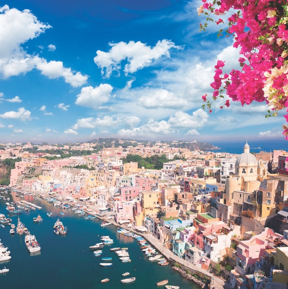 Just off the coast of Naples lies Procida, an island of just over one and half square miles. Its colorful historic district now boasts tourism as its main draw, though fishing, shipbuilding, and agriculture have played important roles throughout the centuries.