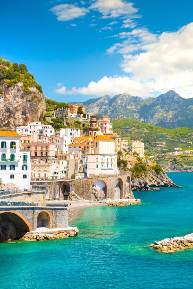 Morning view of Positano cityscape on coast line of mediterranean