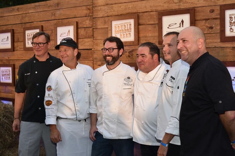 Five male chefs pose with Emeril Lagasse at the Boudin Bourbon & Beer 2016 charity event in New Orleans, Louisiana
