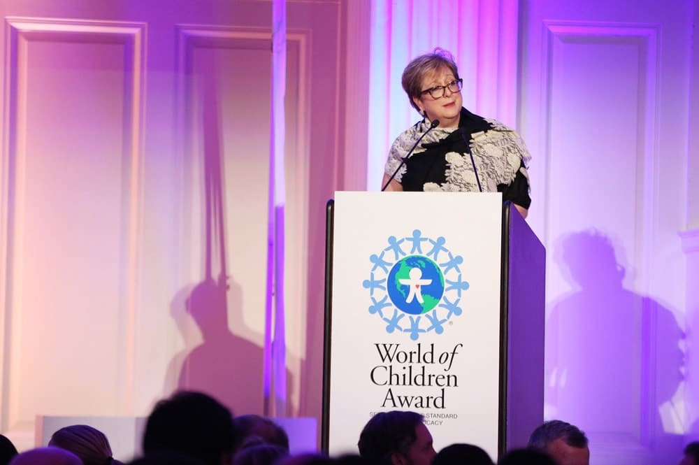 President & CEO of the U.S. Fund for UNICEF Caryl M. Stern speaks on stage during the World of Children Awards Ceremony