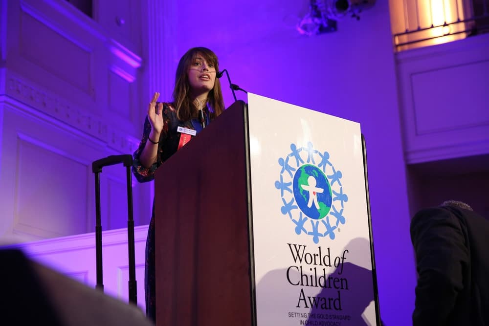 Honoree Claire Wineland speaks on stage during the World of Children Awards Ceremony