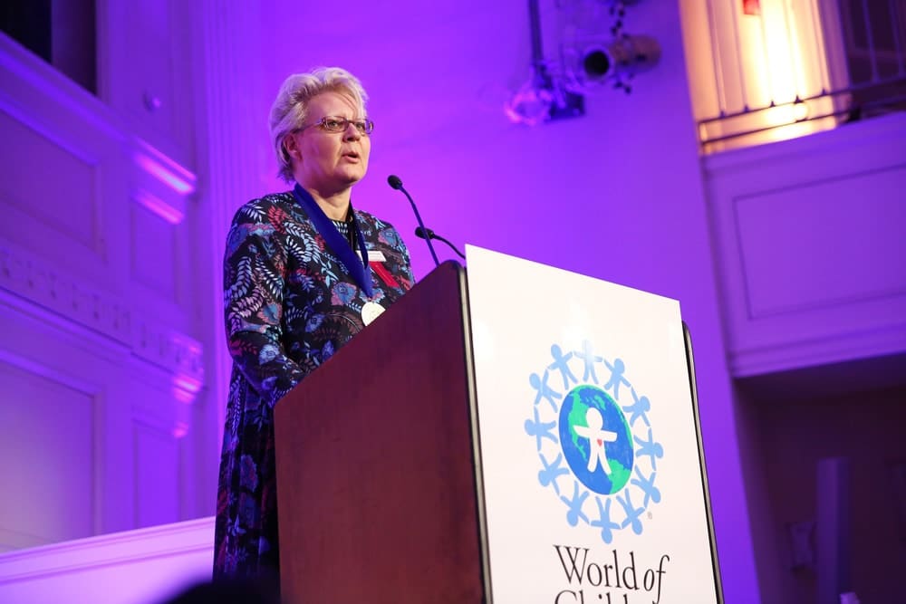 Honoree Dusica Popadic speaks on stage during the World of Children Awards Ceremony