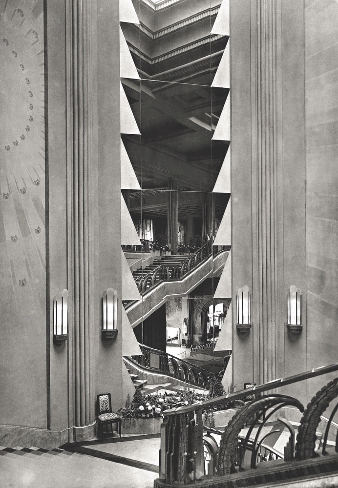 Black and white photo of Art Deco escalator 
