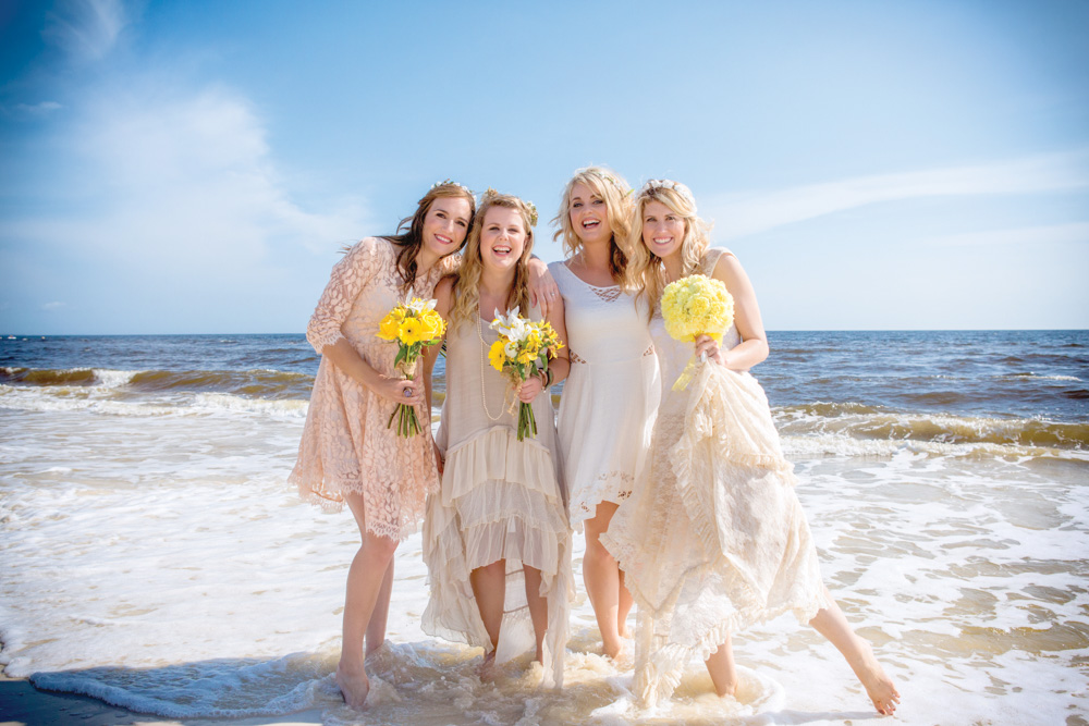 Bridesmaids and bride in gulf at Mexico Beach wedding photo shoot, photos by Romona Robbins