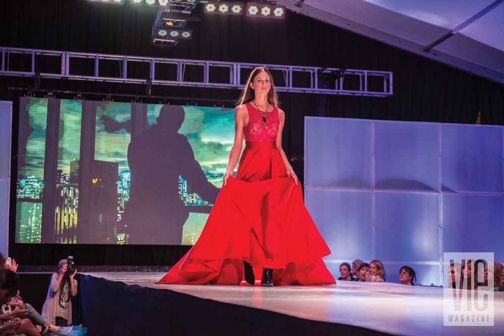 Vie Magazine South Walton Fashion Week 2014 girl in red dress on runway