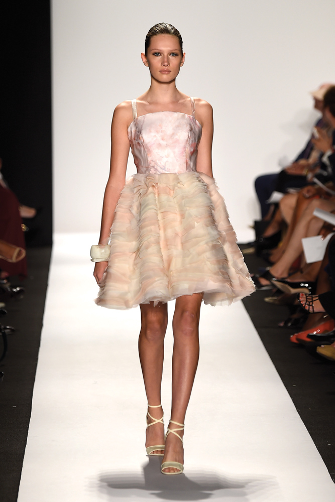 model in dress walks runway at Dennis Basso fashion show Mercedes Benz Fashion Week Spring 2015