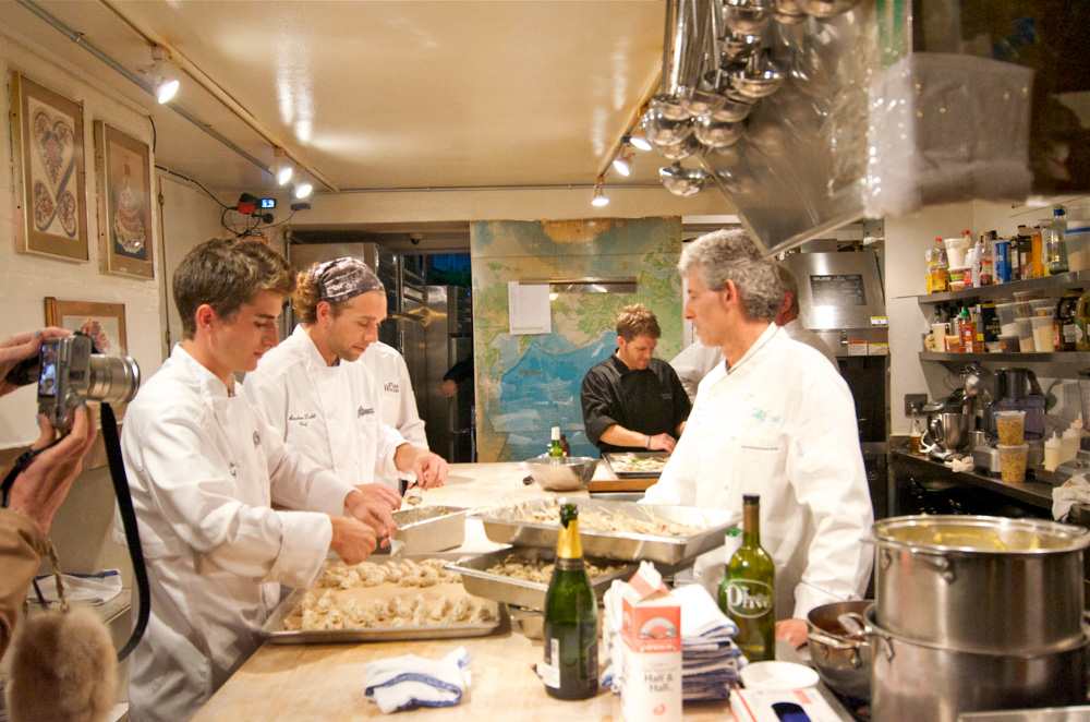 Chef Gus Silivos and sous chefs in the James Beard kitchen