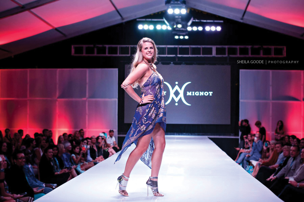 VIE Magazine Managing Editor Jordan Staggs walks at South Walton Fashion Week 2014 in Wendy Mignot pearls. Photo by Sheila Goode