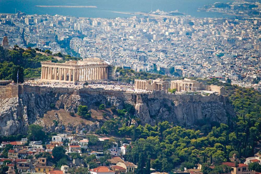 Acropolis of Greece with city in background 