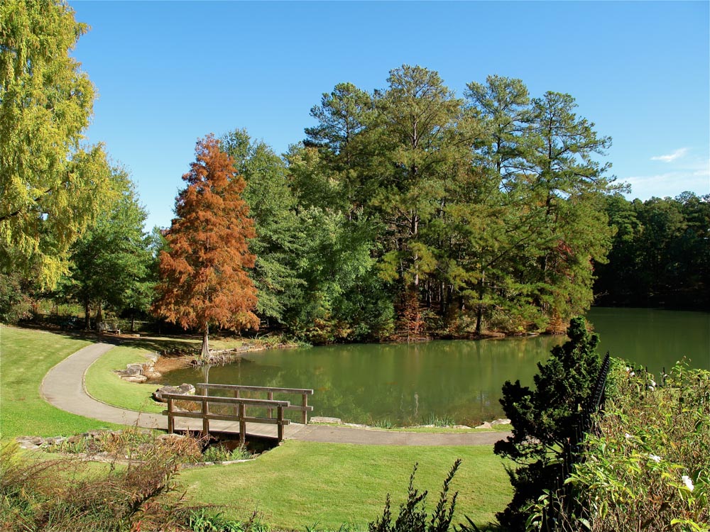 Lake and park bench in Aldridge Gardens