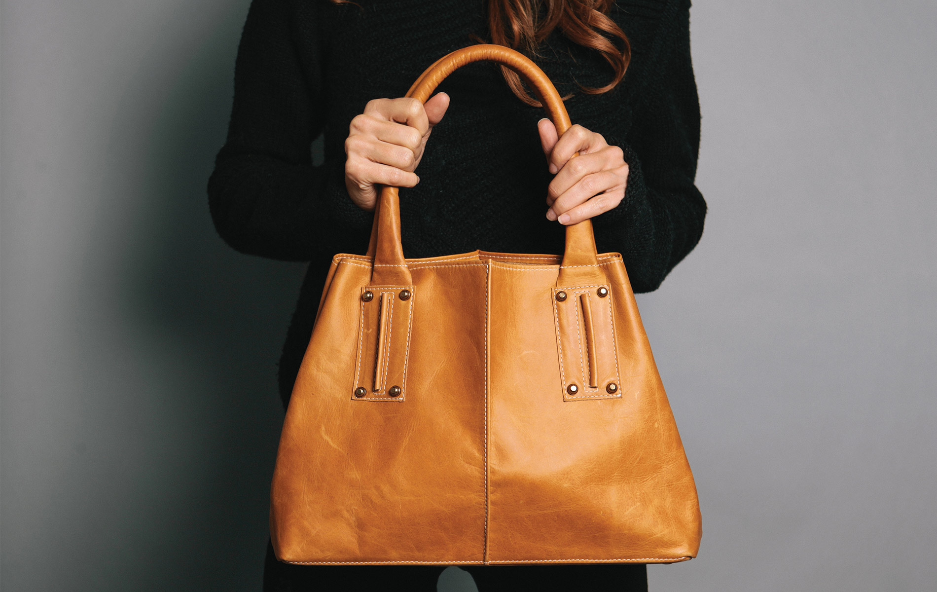Ceri Hoover Cognac Colored Satchel With Single Topstitching