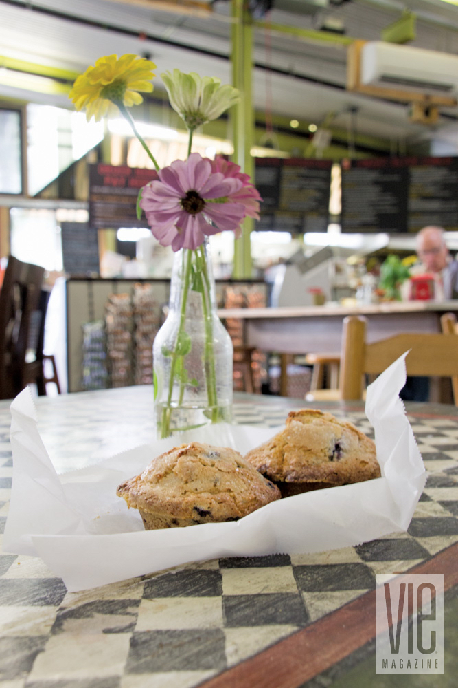 Flowers and muffins at Windmill Market in Fairhope, Alabama