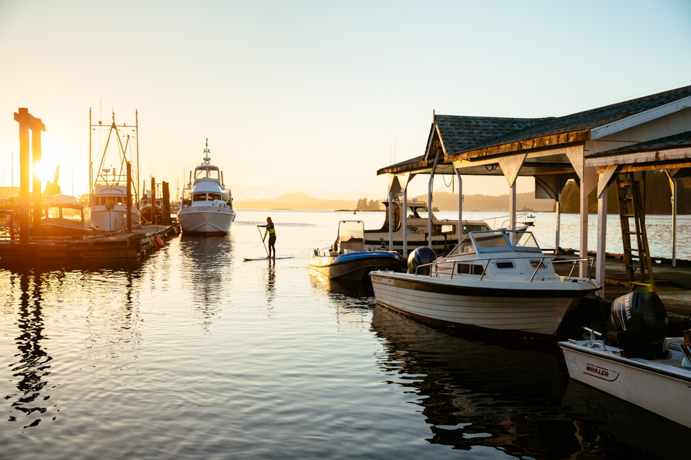 Boat docked at sunset in Vancouver Island, Canada
