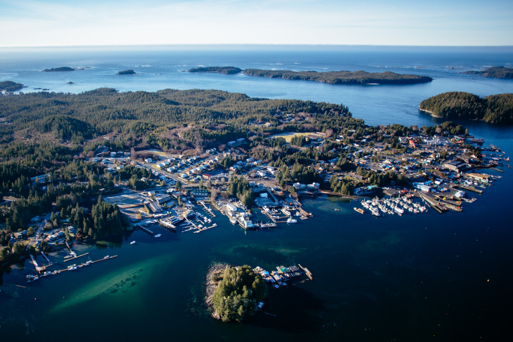 Aerial view of waterfront town in Vancouver Island, Canada