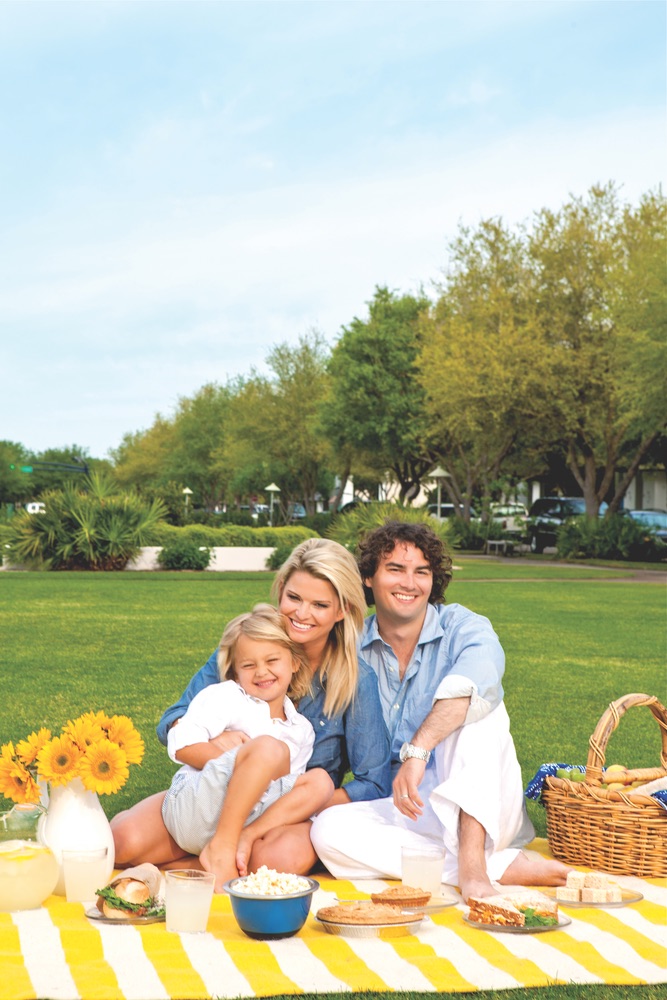 It’s all apple pies and smiles during together time in Rosemary Beach: Left: White linen shirt from Havacoa, $88, Seaside Classic; Striped seersucker short from Hartford, $155, Seaside Classic. Center: Chambray shirt in dark denim from Hartford, $164, Seaside Classic. Right: Microdot shirt from Hartford, $160, Seaside Classic; White linen pant from Island Company, $138, Seaside Classic.