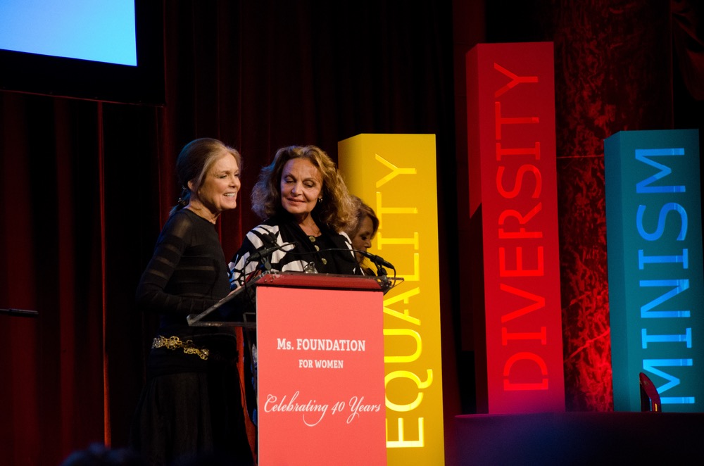 Gloria Steinem and Diane von Furstenberg speaking at Ms. Foundation’s Gloria Awards