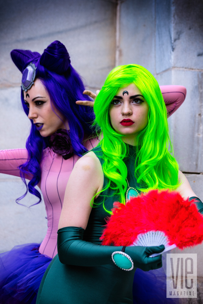 Girls in colorful costumes at dragon con