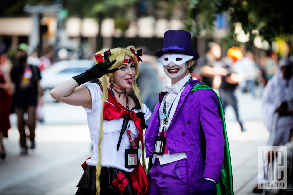 Two people dressed up cosplay comic characters at Dragon Con