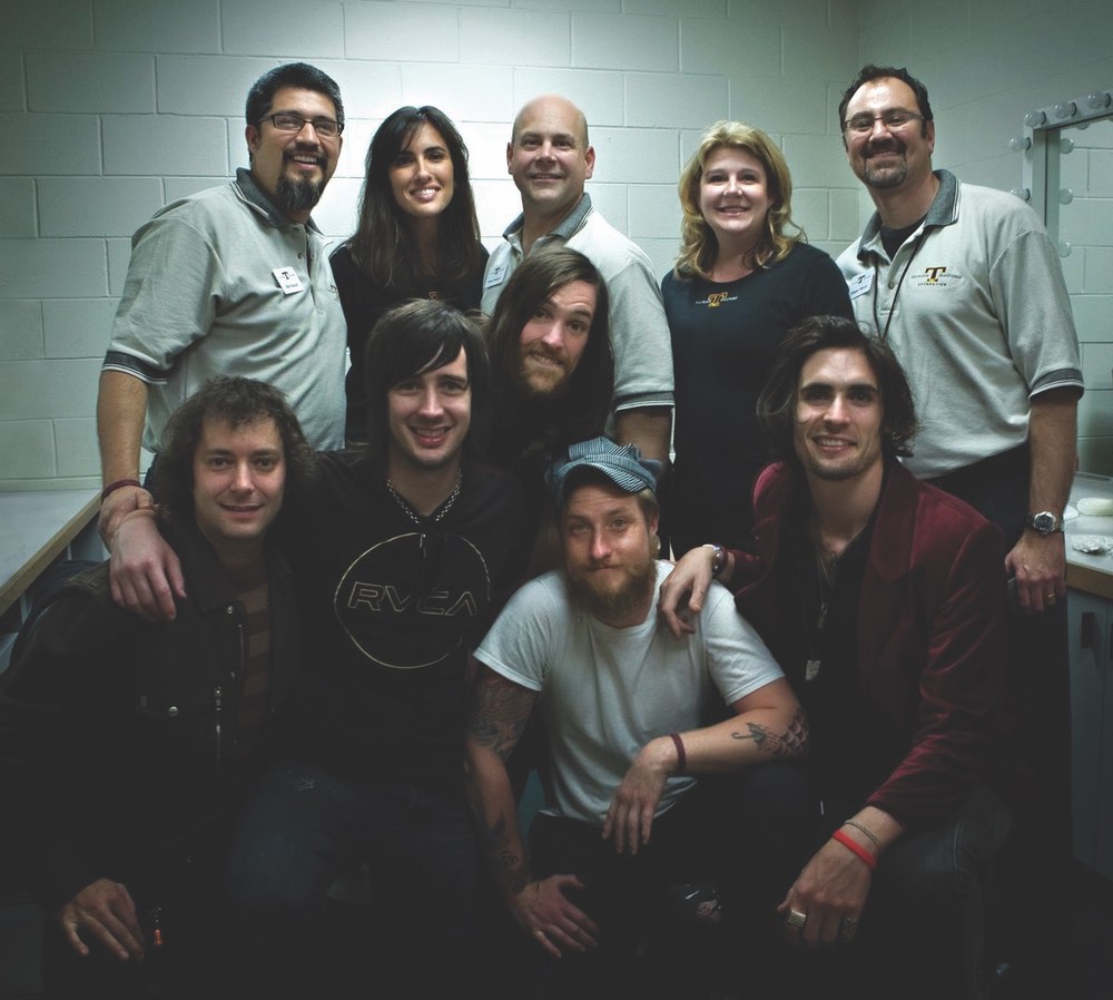 Top: Taylor Haugen Foundation–Billy Russel, Madra McDonald, Brian and Kathy Haugen and Philippe Miceli Bottom: All-American Rejects–Toad Salnier, Nick Wheeler, Mike Kennerty, Chris Gaylor and Tyson Ritter Photo by Rhona Schaefer