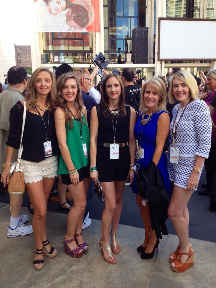 Renee Ryan, Abigail Ryan, Tracey Thomas, Mary Jane Kirby, and Lisa Burwell pose outside New York Mercedes-Benz Fashion Week at Lincoln Center.