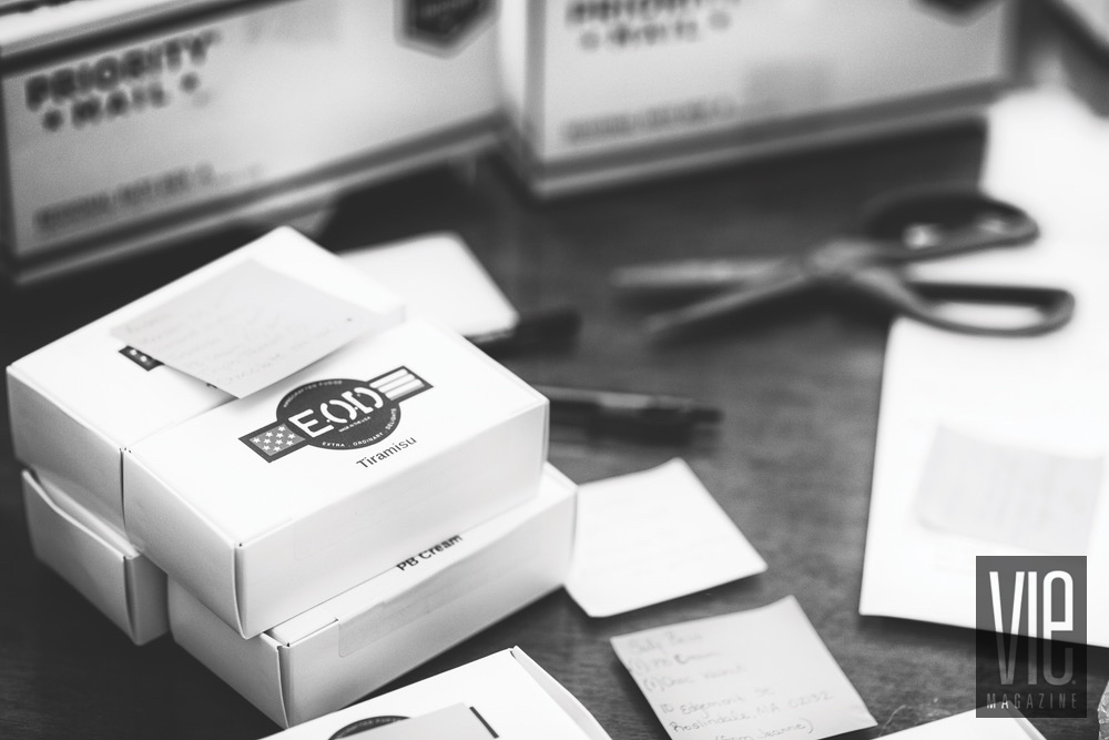 Black And White Image Of Boxes Of EOD Fudge