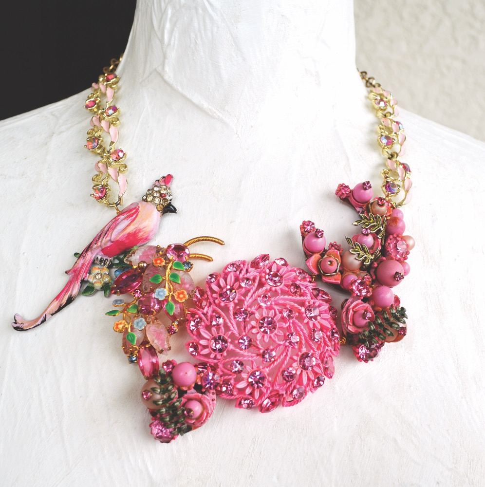 Spring-Inspired Necklace With Pink Enamel Bird and Flowers With Antique Gold Chain