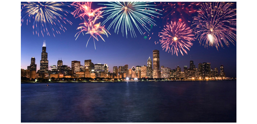 Bright Fireworks Display Across Chicago Skyline and Lake Michigan