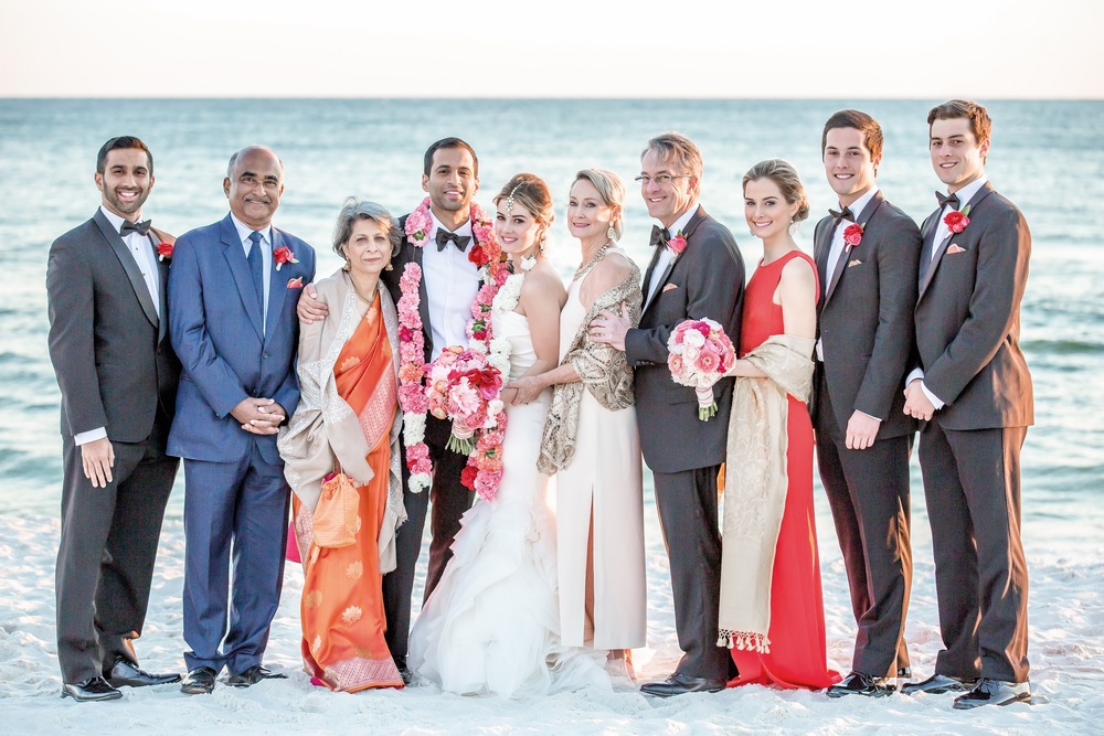 Family wedding photo on the beach Rosemary Beach Florida Indian Inspired Wedding