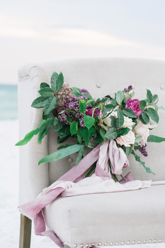 Pure7 Studios Styled Wedding Shoot chair bouquet beach