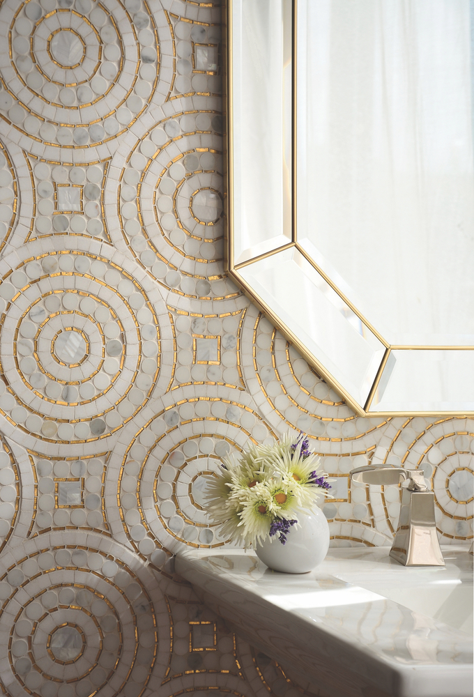 Orson, a hand-cut mosaic, shown in Shell, honed Thassos, polished Gold Glass, and polished Calacatta Gold.