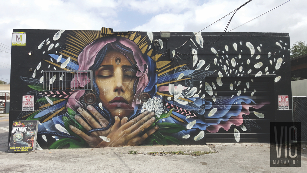 Mural painting on side of wall Wynwood Walls Miami Florida grafitti street art woman feathers