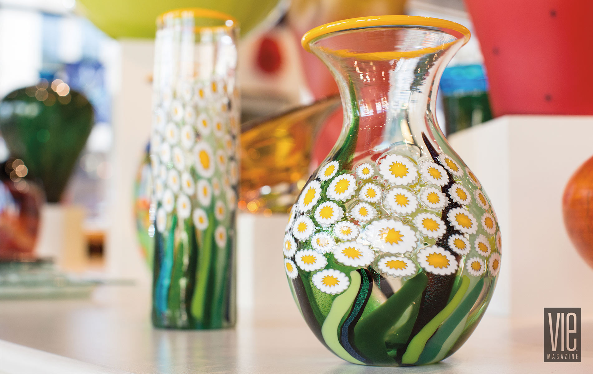 Blown glass daisy vases from Fusion Art Glass Russ Gilbert Artist
