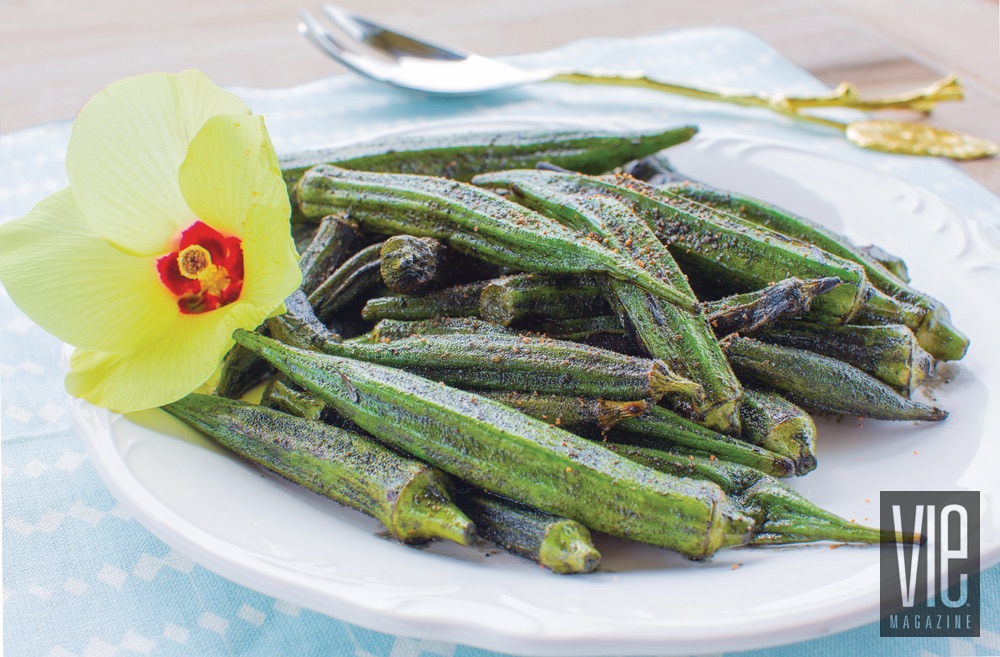 Blackened grilled okra with flower bloom fresh fall recipes from the garden