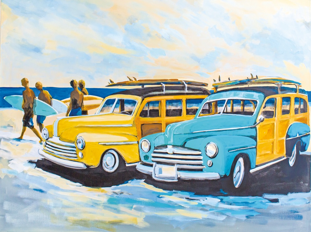Heading to the Break – Woodies and Surfers Gordie Hinds beach artist art in its place