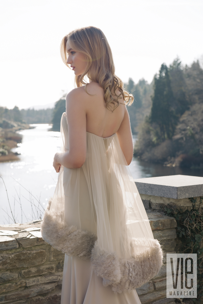 Clara McSweeney in Christian Siriano gown overlooking the Owenmore River Ireland