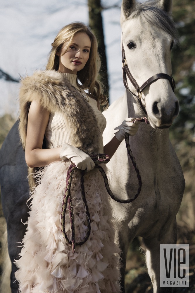 Beautiful Irish Model Clara McSweeney with her white horse at Ballynahinch Castle