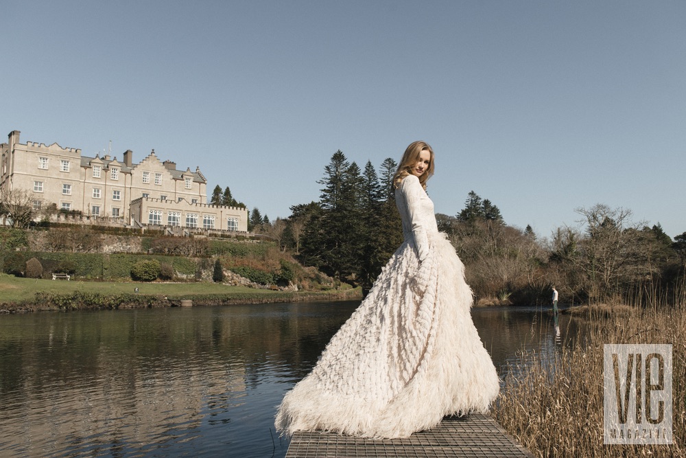 Clara McSweeney modeling in front of Ballynahinch Castle Christian Siriano gown