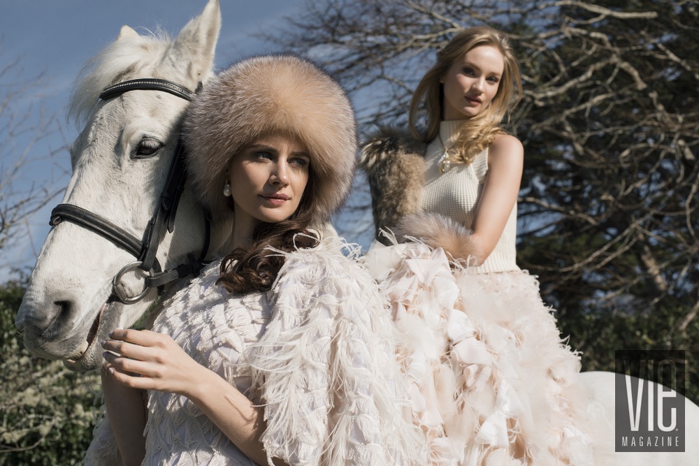 Irish models Faye Dinsmore with Clara McSweeney on her beautiful Connemara Pony Christian Siriano gowns