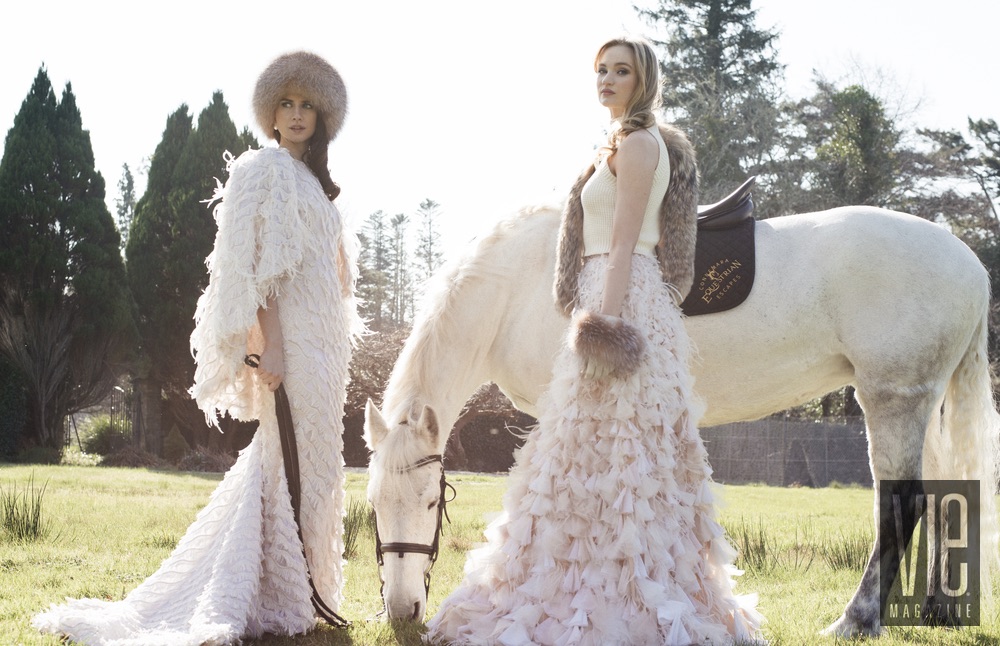 Clara McSweeney and Faye Dinsmore with their white horse at Ballynahinch Castle
